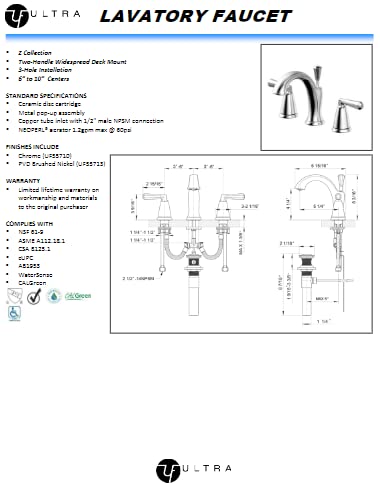 Ultra Faucets UF5571X Z Collection Bathroom Faucet, Two-Handle 8" Widespread Lavatory Faucet