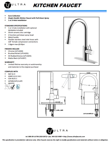 Ultra Faucets UF1420x Euro Collection Single-Handle Kitchen Faucet,