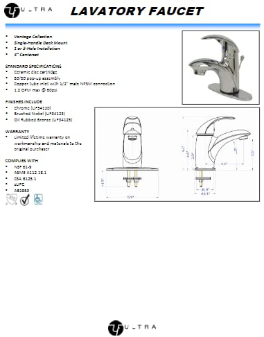 Ultra Faucets UF3412X Vantage Collection Bathroom Faucet, Two-Handle 4" Lavatory Faucet
