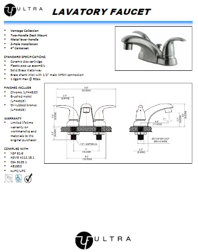 Ultra Faucets UF4452X Vantage Collection Bathroom Faucet, Two-Handle 4" Centerset Lavatory Faucet