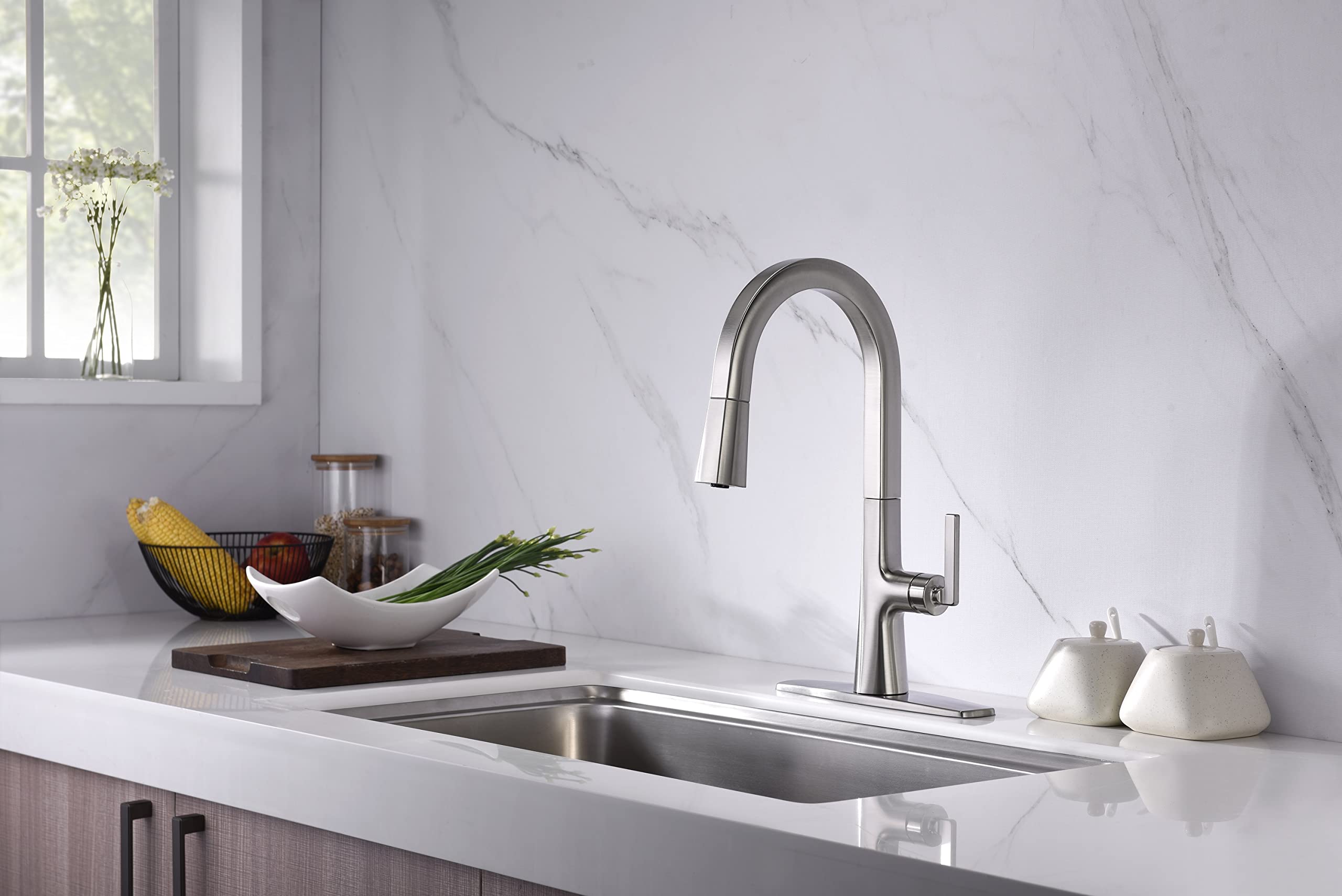 Ultra Faucets UF17003 Single-Handle Kitchen Faucet with Pull-Down Spray, Brushed Nickel